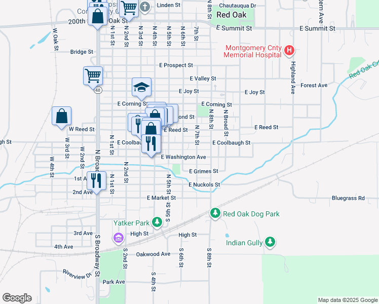 map of restaurants, bars, coffee shops, grocery stores, and more near 411 North 7th Street in Red Oak