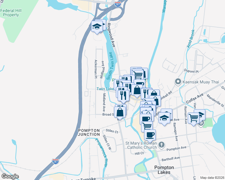 map of restaurants, bars, coffee shops, grocery stores, and more near 20 Albert Street in Pompton Lakes