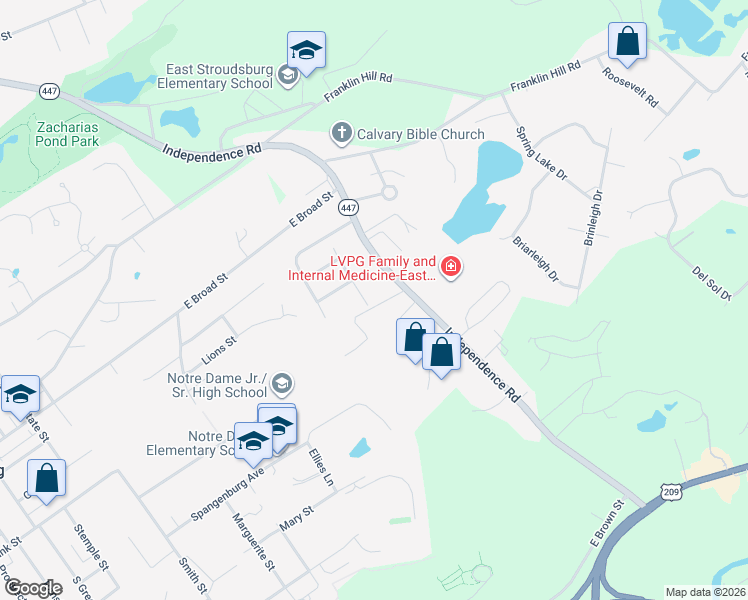 map of restaurants, bars, coffee shops, grocery stores, and more near 2 Ashburn Drive in East Stroudsburg