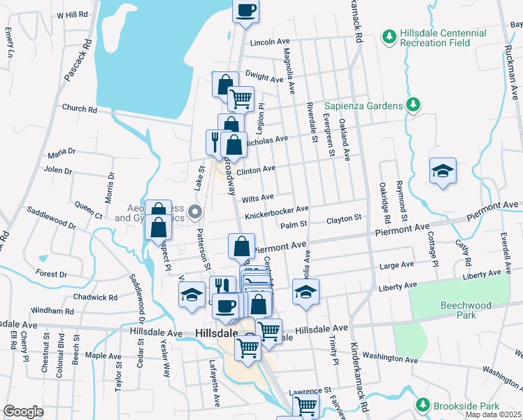 map of restaurants, bars, coffee shops, grocery stores, and more near 190 Knickerbocker Avenue in Hillsdale