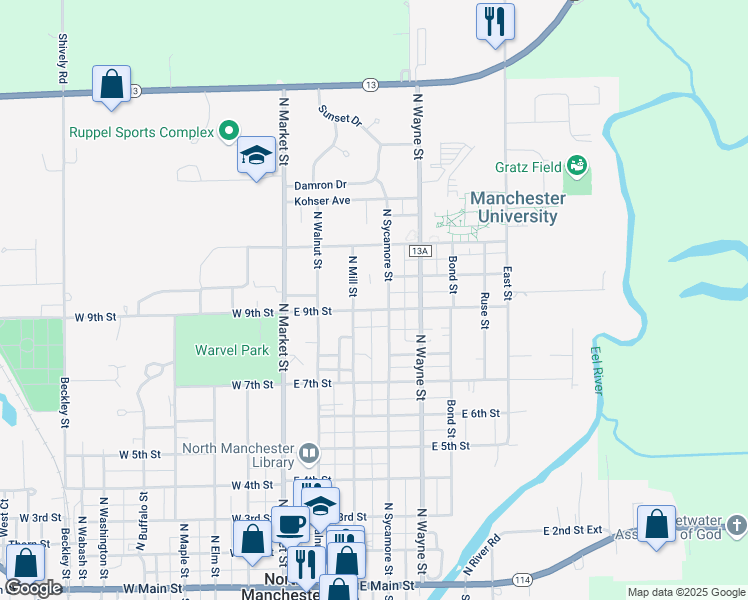 map of restaurants, bars, coffee shops, grocery stores, and more near 901-999 N Mill St in North Manchester