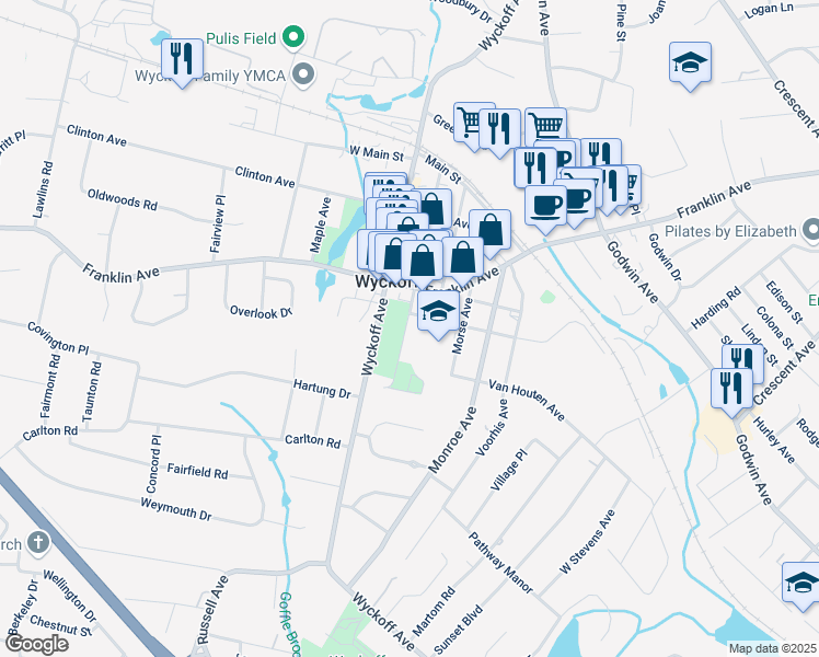 map of restaurants, bars, coffee shops, grocery stores, and more near 280 Everett Avenue in Wyckoff