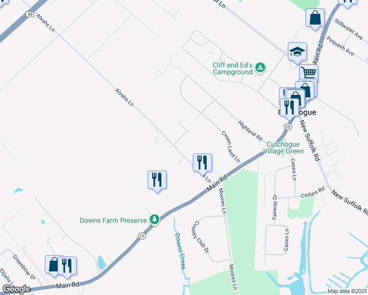 map of restaurants, bars, coffee shops, grocery stores, and more near 1100 Alvahs Lane in Cutchogue