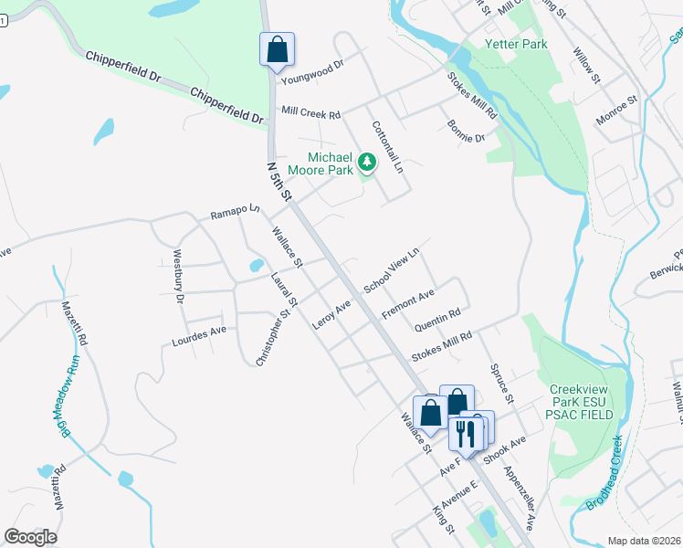 map of restaurants, bars, coffee shops, grocery stores, and more near 2034 N 5th St in Stroudsburg