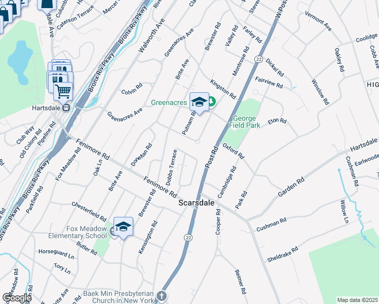 map of restaurants, bars, coffee shops, grocery stores, and more near 9 Ridgecrest North in Scarsdale