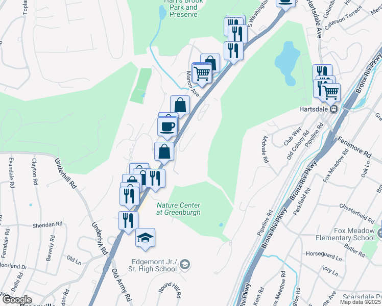 map of restaurants, bars, coffee shops, grocery stores, and more near 356 Central Park Avenue in Scarsdale