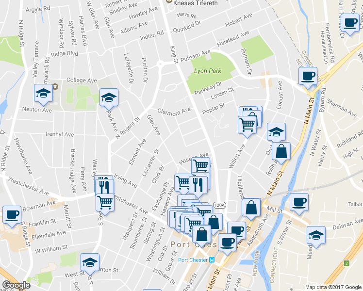 map of restaurants, bars, coffee shops, grocery stores, and more near 10 Rockland Avenue in Port Chester
