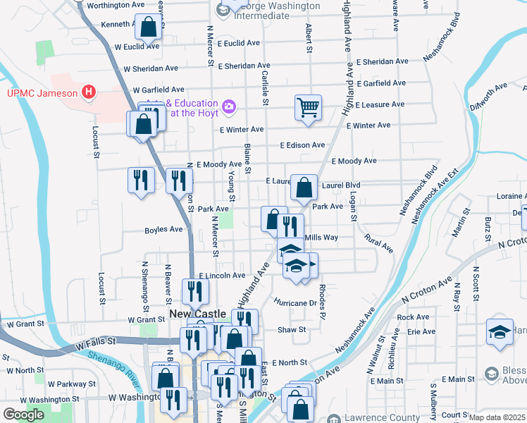 map of restaurants, bars, coffee shops, grocery stores, and more near 140 Park Avenue in New Castle