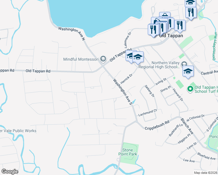 map of restaurants, bars, coffee shops, grocery stores, and more near 10 Esther Court in Old Tappan