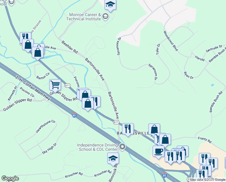 map of restaurants, bars, coffee shops, grocery stores, and more near 2854 Bartonsville Avenue in Monroe County