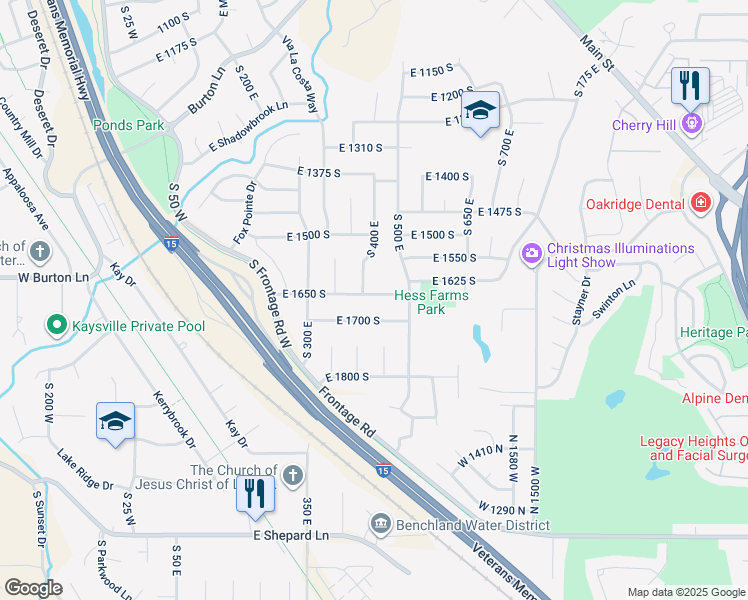 map of restaurants, bars, coffee shops, grocery stores, and more near 442 East 1650 South in Kaysville