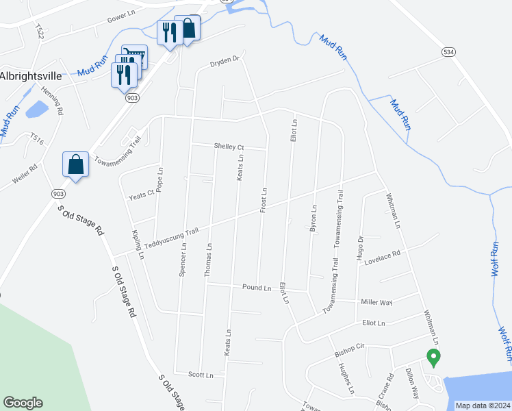 map of restaurants, bars, coffee shops, grocery stores, and more near 57 Frost Lane in Albrightsville