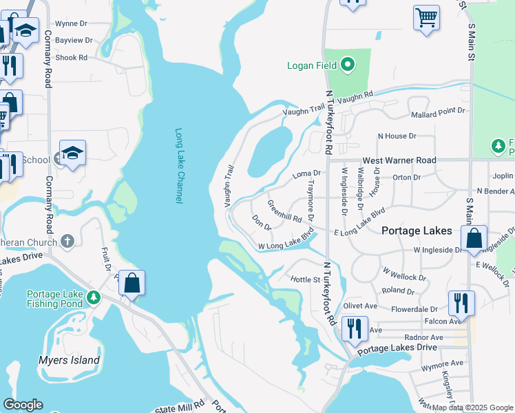map of restaurants, bars, coffee shops, grocery stores, and more near 3101 Don Drive in Akron