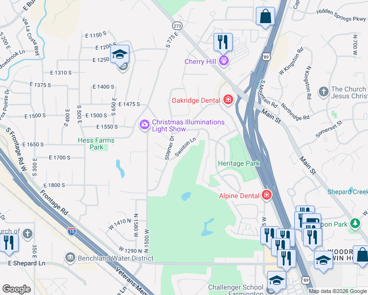 map of restaurants, bars, coffee shops, grocery stores, and more near 1366 Swinton Lane in Farmington