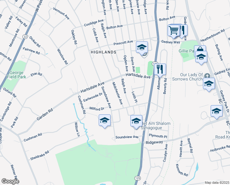 map of restaurants, bars, coffee shops, grocery stores, and more near 67 Midchester Avenue in White Plains