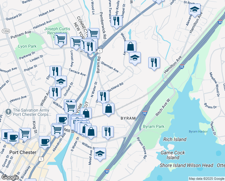 map of restaurants, bars, coffee shops, grocery stores, and more near 21 Richland Road in Greenwich
