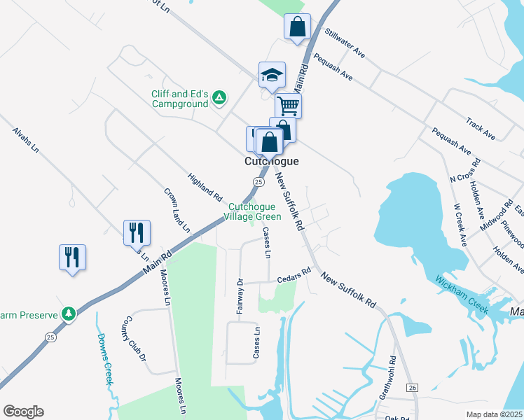 map of restaurants, bars, coffee shops, grocery stores, and more near 355 Cases Lane in Cutchogue
