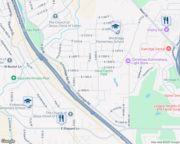 map of restaurants, bars, coffee shops, grocery stores, and more near 442 East 1650 South in Kaysville