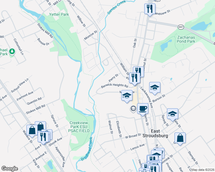 map of restaurants, bars, coffee shops, grocery stores, and more near 137 Berwick Heights Road in East Stroudsburg