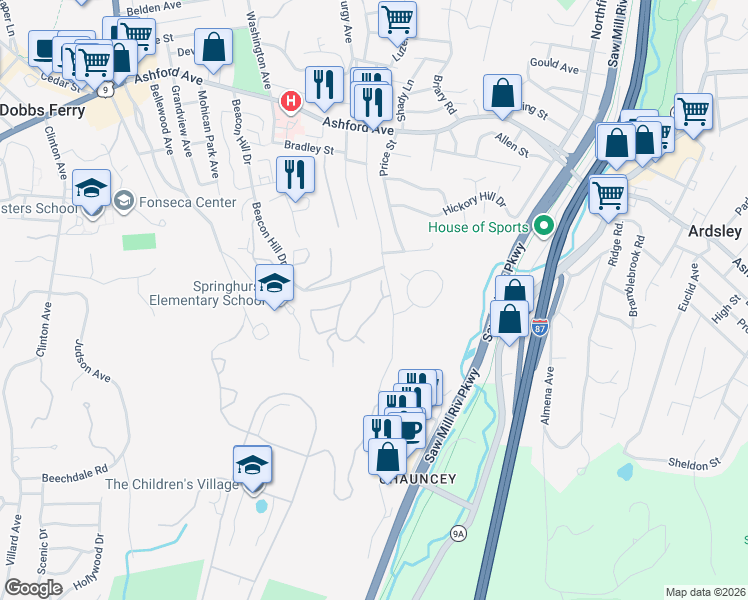 map of restaurants, bars, coffee shops, grocery stores, and more near 24 Round Hill Road in Dobbs Ferry
