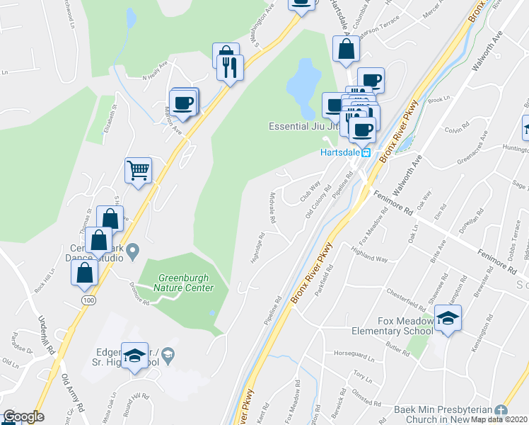 map of restaurants, bars, coffee shops, grocery stores, and more near 25 Midvale Road in Hartsdale
