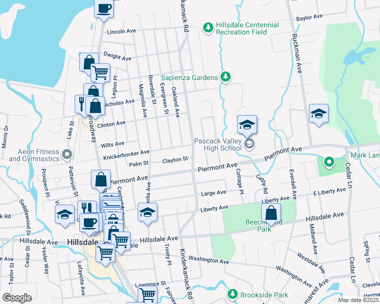 map of restaurants, bars, coffee shops, grocery stores, and more near 233 Kinderkamack Road in Hillsdale