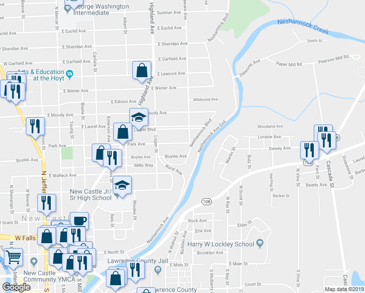 map of restaurants, bars, coffee shops, grocery stores, and more near 430 Park Avenue in New Castle