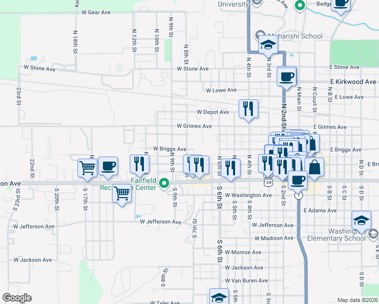 map of restaurants, bars, coffee shops, grocery stores, and more near 702 West Briggs Avenue in Fairfield