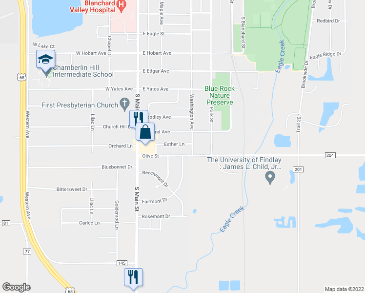 map of restaurants, bars, coffee shops, grocery stores, and more near 235 Esther Lane in Findlay
