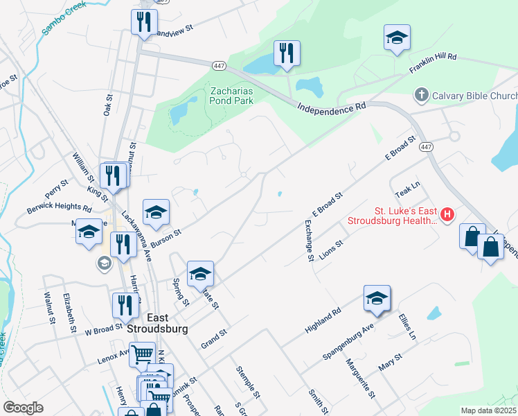map of restaurants, bars, coffee shops, grocery stores, and more near 2 Gilliland Drive in East Stroudsburg