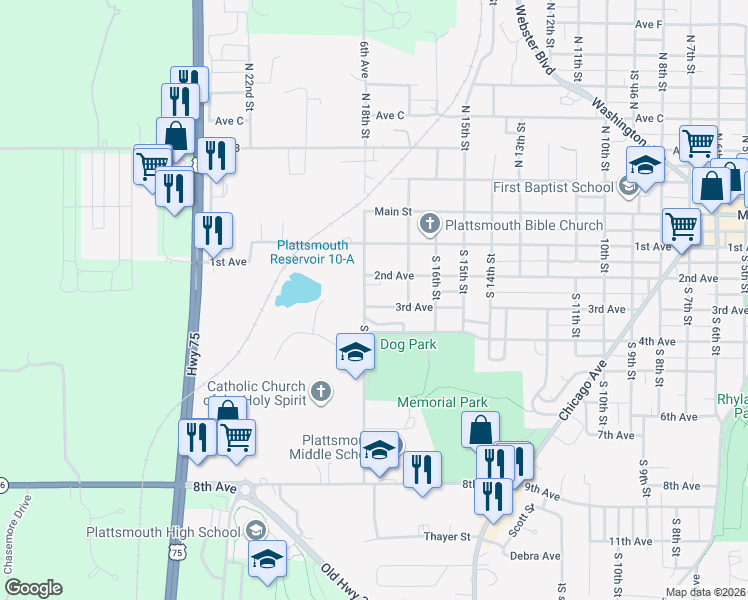map of restaurants, bars, coffee shops, grocery stores, and more near 1744 3rd Avenue in Plattsmouth