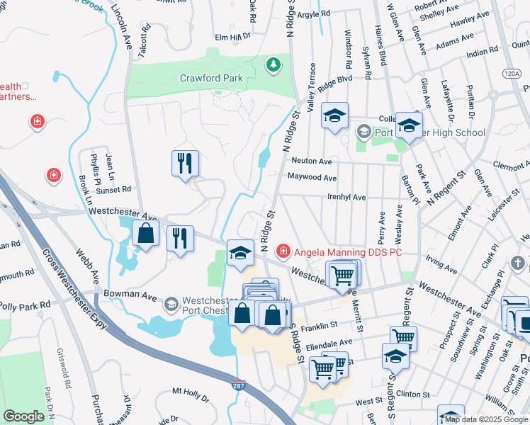 map of restaurants, bars, coffee shops, grocery stores, and more near 50 North Ridge Street in Rye Brook