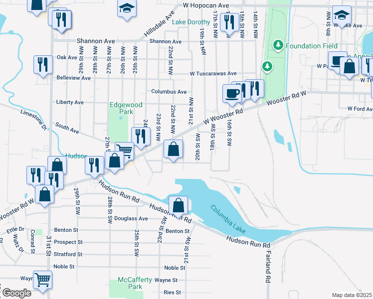 map of restaurants, bars, coffee shops, grocery stores, and more near 55 Lindbergh Street in Barberton