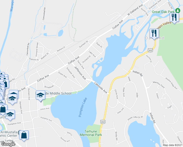 map of restaurants, bars, coffee shops, grocery stores, and more near 1 Perrin Avenue in Pompton Lakes