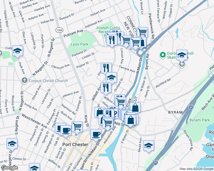 map of restaurants, bars, coffee shops, grocery stores, and more near 272 Locust Avenue in Port Chester