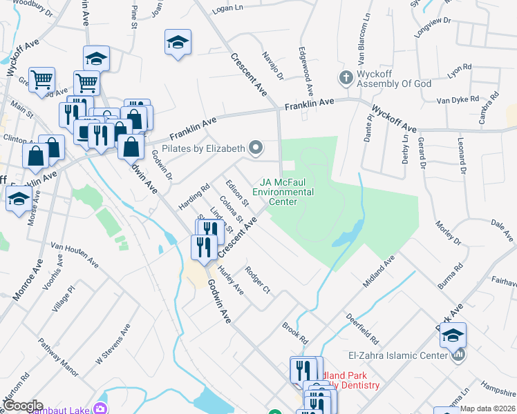 map of restaurants, bars, coffee shops, grocery stores, and more near 90 Wood Street in Wyckoff
