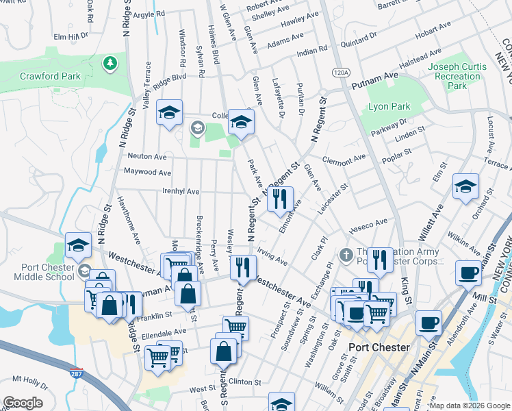 map of restaurants, bars, coffee shops, grocery stores, and more near 91 North Regent Street in Port Chester
