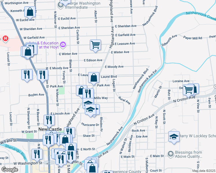 map of restaurants, bars, coffee shops, grocery stores, and more near 328 Park Avenue in New Castle