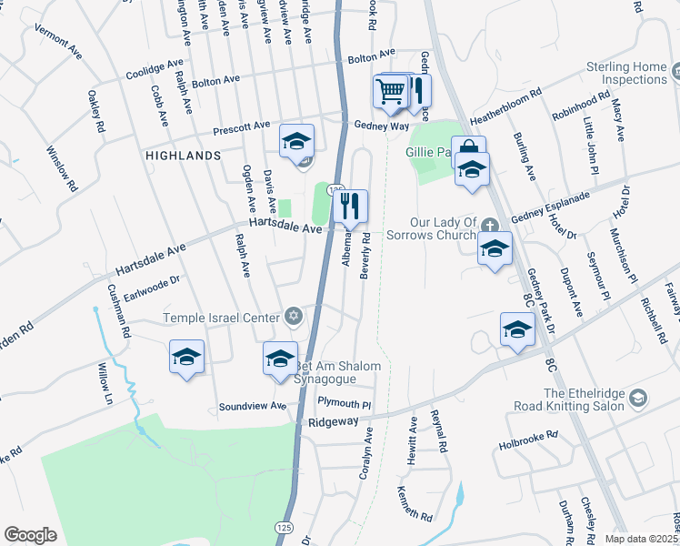 map of restaurants, bars, coffee shops, grocery stores, and more near 131 Albemarle Road in White Plains
