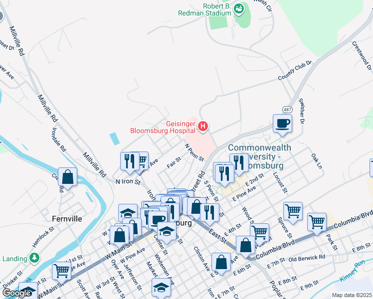 map of restaurants, bars, coffee shops, grocery stores, and more near 361 Fair St in Bloomsburg