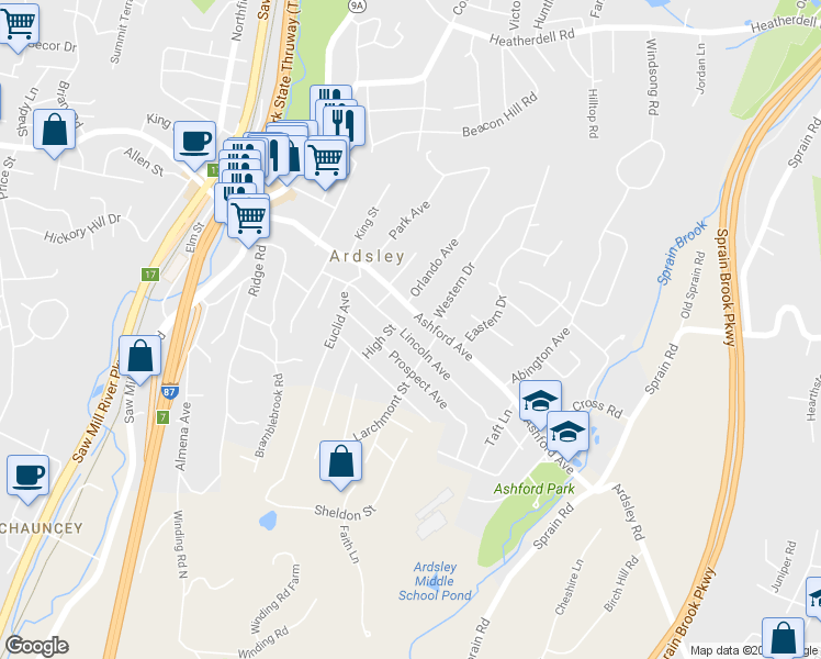 map of restaurants, bars, coffee shops, grocery stores, and more near 37 Lincoln Avenue in Ardsley