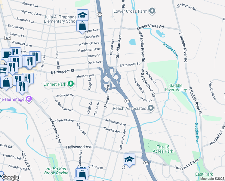 map of restaurants, bars, coffee shops, grocery stores, and more near 1 Maple Court in Waldwick