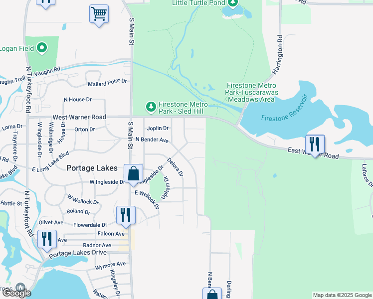 map of restaurants, bars, coffee shops, grocery stores, and more near 156 East Ingleside Drive in Akron