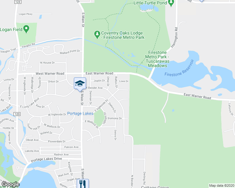 map of restaurants, bars, coffee shops, grocery stores, and more near 156 E Ingleside Dr in Akron