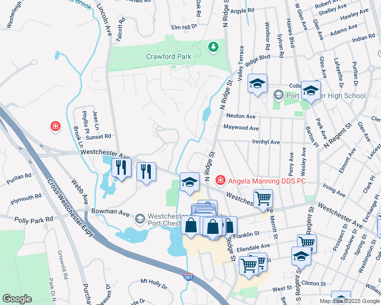 map of restaurants, bars, coffee shops, grocery stores, and more near 39 Avon Circle in Rye Brook
