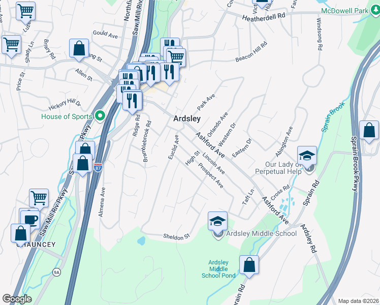 map of restaurants, bars, coffee shops, grocery stores, and more near 15 Prospect Avenue in Ardsley