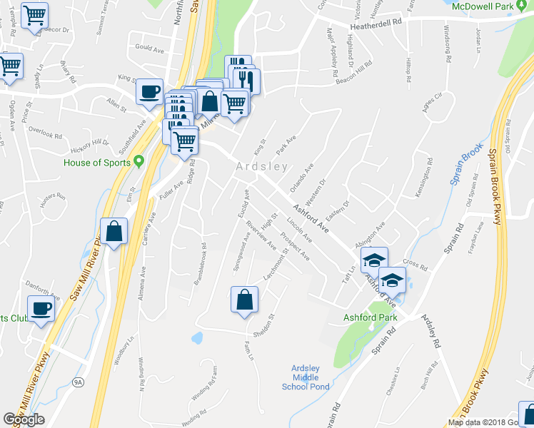 map of restaurants, bars, coffee shops, grocery stores, and more near 15 Prospect Avenue in Ardsley