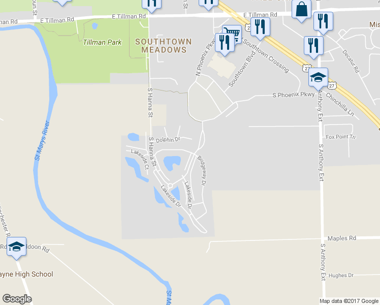 map of restaurants, bars, coffee shops, grocery stores, and more near 8372 Bridgeway Circle in Fort Wayne