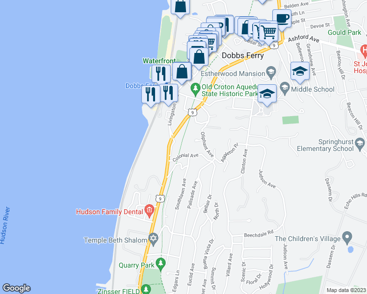 map of restaurants, bars, coffee shops, grocery stores, and more near 37 Colonial Avenue in Dobbs Ferry
