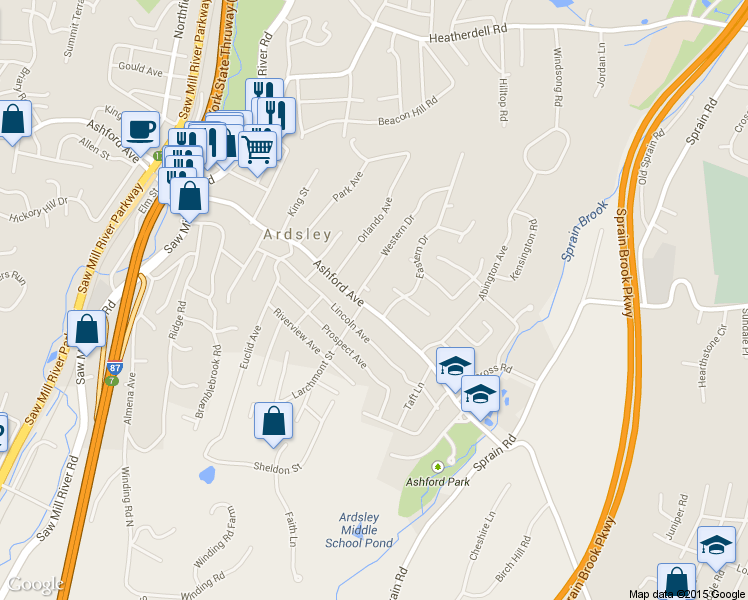 map of restaurants, bars, coffee shops, grocery stores, and more near 579 Ashford Avenue in Ardsley